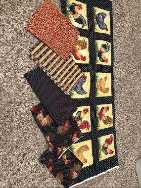 Rooster Patchwork Fabric Panels - Black & Yellow with Red Accents